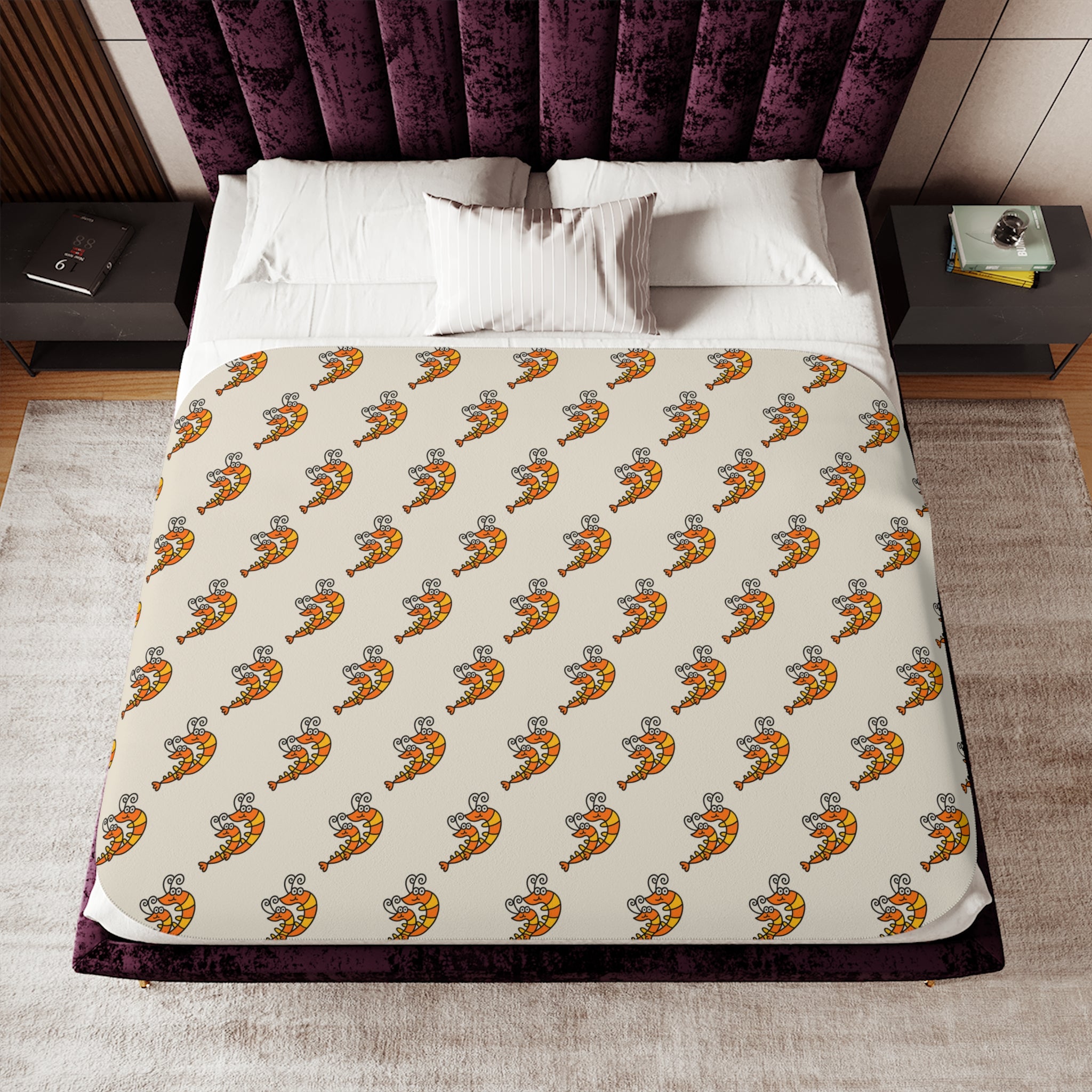 Hand-Drawn Orange Shrimp Duo Pattern Sherpa Blanket | Cozy Ocean Themed Throw