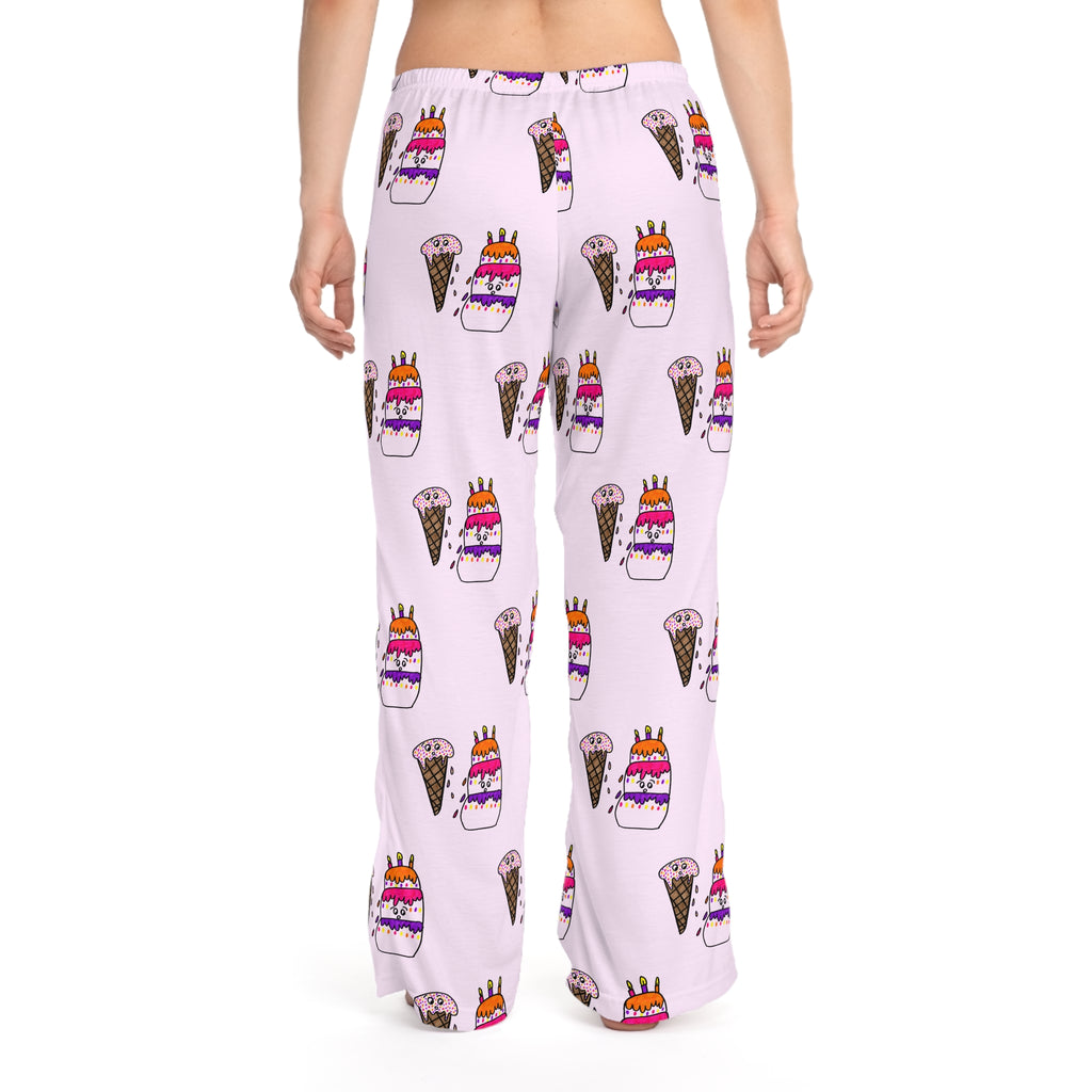 Hand-Drawn Ice Cream Cone and Cake Birthday Pattern Pajama Pants | Pink All-Over Print