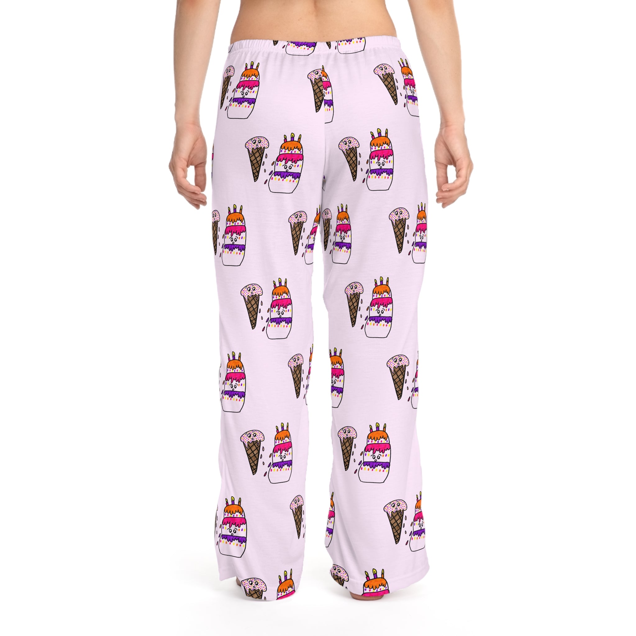 Hand-Drawn Ice Cream Cone and Cake Birthday Pattern Pajama Pants | Pink All-Over Print