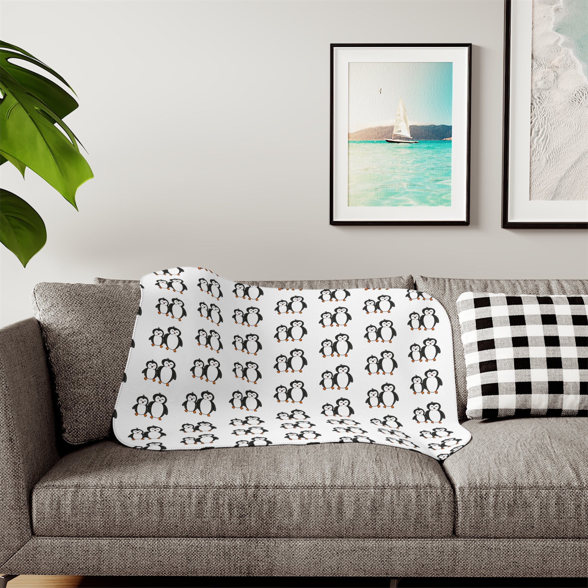 Hand-Drawn Penguin Pattern Sherpa Blanket | Cute Winter Animal Print