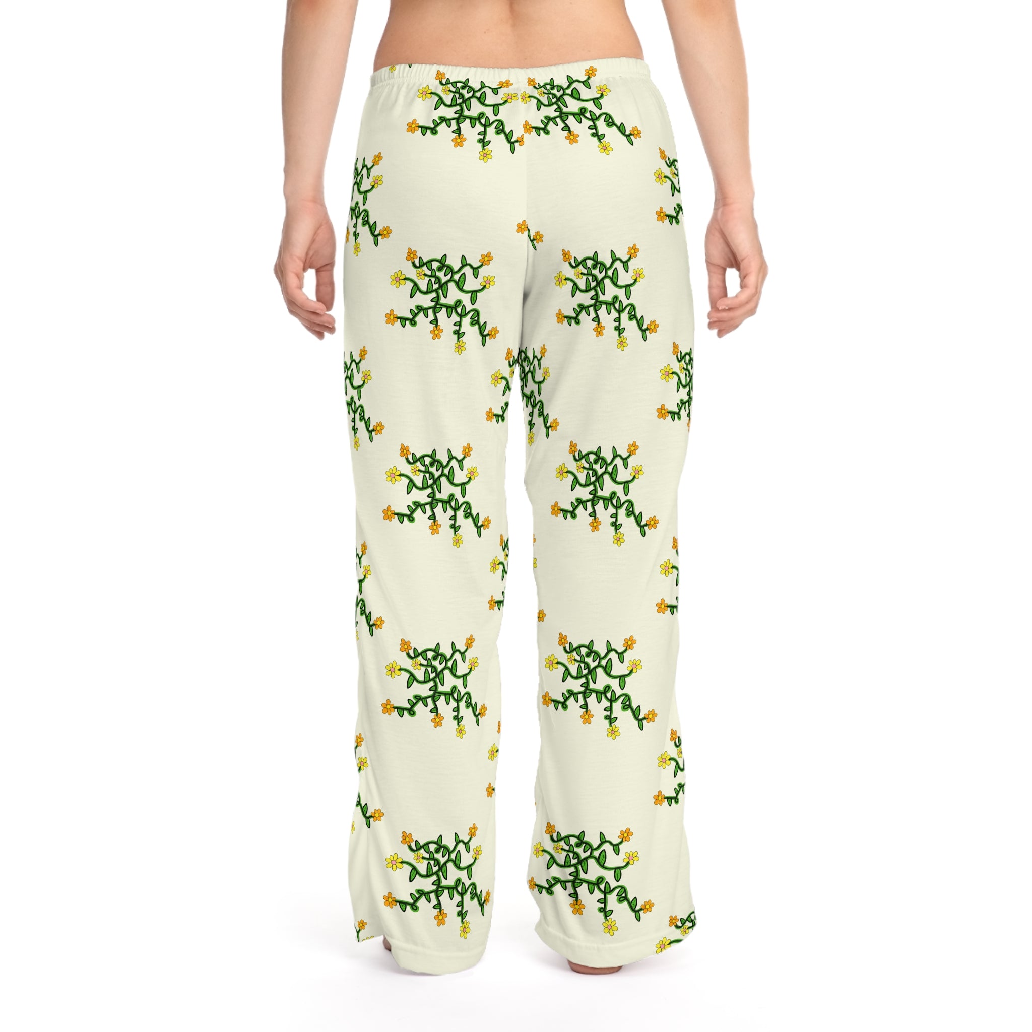 Hand-Drawn Yellow Orange and Pink Floral Vine Pajama Pants | Women's Lounge Trousers
