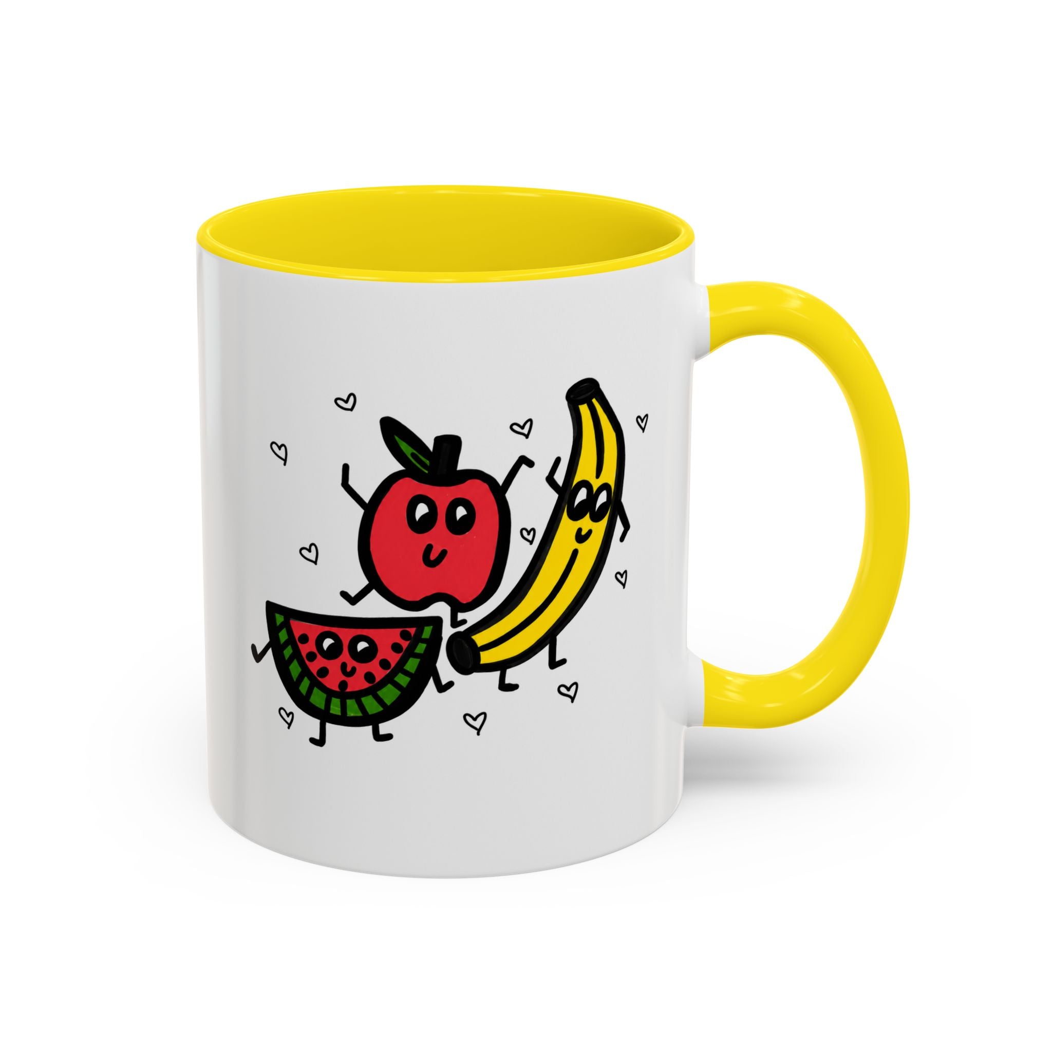 Hand-Drawn Smiling Banana Apple Watermelon Mug | Cute Fruit Faces Coffee Cup
