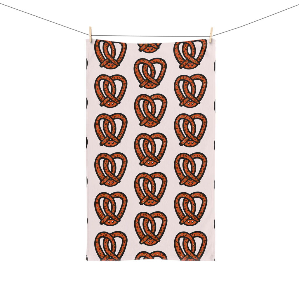Hand-Drawn Salted Pretzel Pattern Hand Towel | Bakery Snack Kitchen Decor