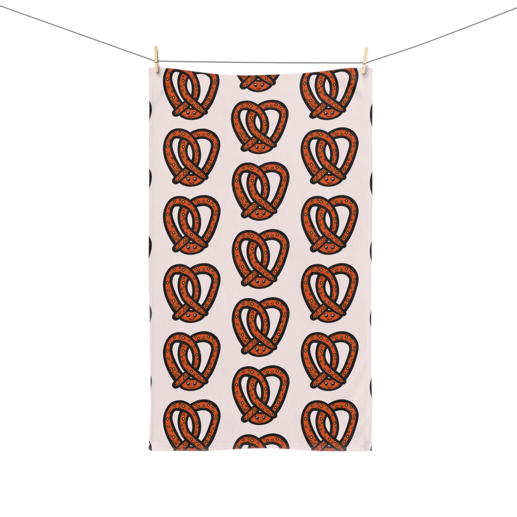 Hand-Drawn Salted Pretzel Pattern Hand Towel | Bakery Snack Kitchen Decor