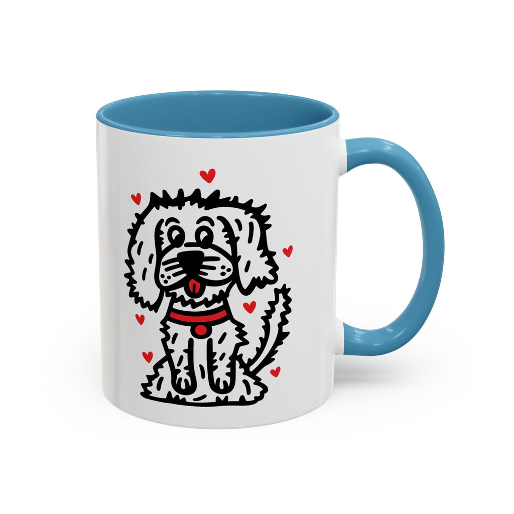 Hand-Drawn Fluffy Dog Red Collar Accent Coffee Mug | White Dog Illustration