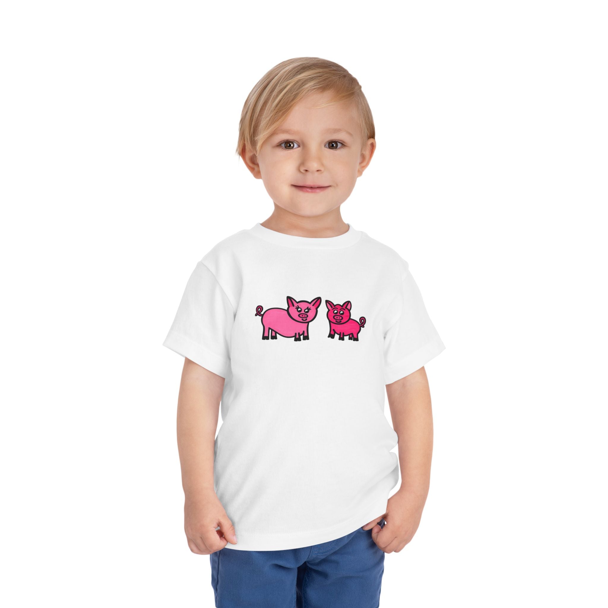 Hand-Drawn Pink Pig Family Tee | Cute Mama and Baby Pig Illustration, Kids Animal Shirt
