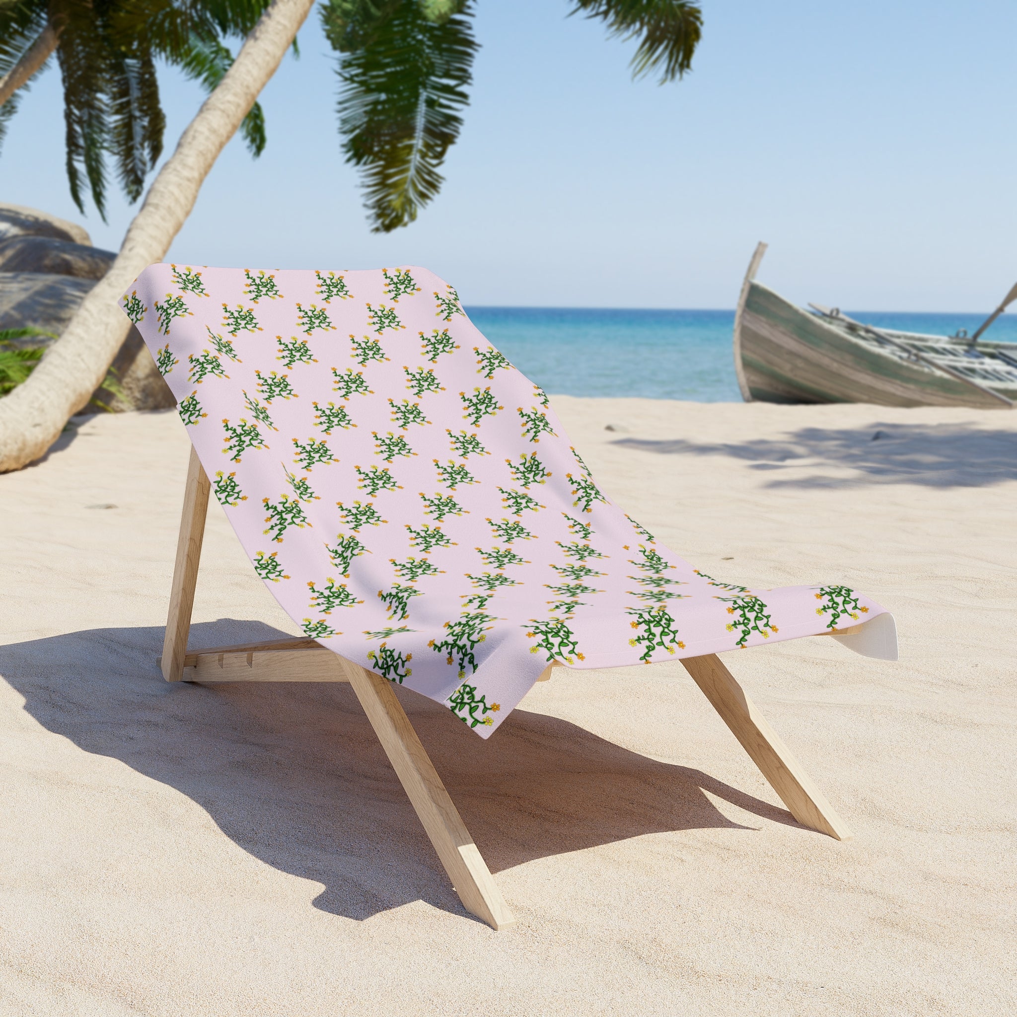 Hand-Drawn Yellow Orange Pink Flowers on Green Vine Beach Towel