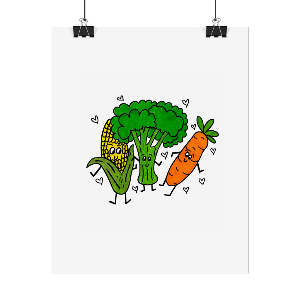 Hand-Drawn Cute Veggie Trio Poster | Corn Broccoli Carrot Wall Art