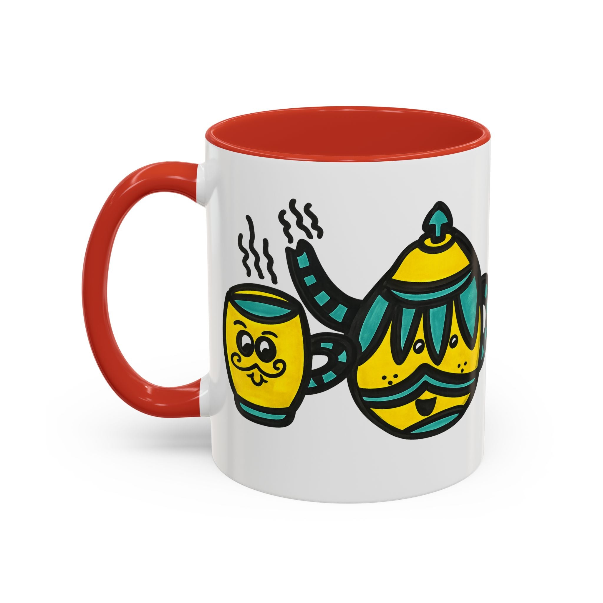 Hand-Drawn Yellow and Teal Mustache Teapot and Smiling Cup Mug | Accent Coffee Mug