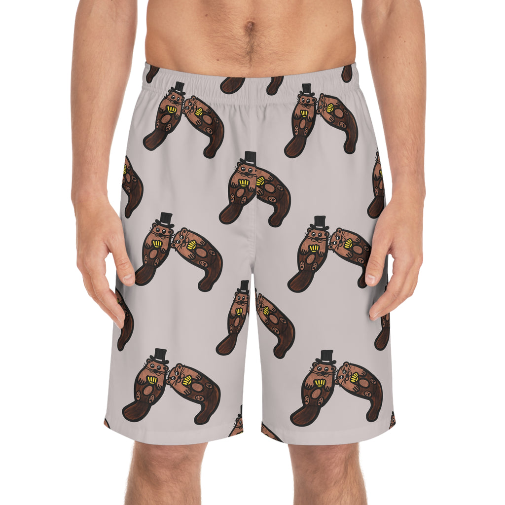Hand-Drawn Otter Holding Yellow Seashell Pattern Board Shorts