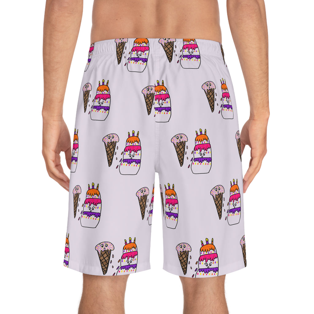 Hand-Drawn Cake and Ice Cream Cone Pattern Birthday Board Shorts | Pink All-Over Print