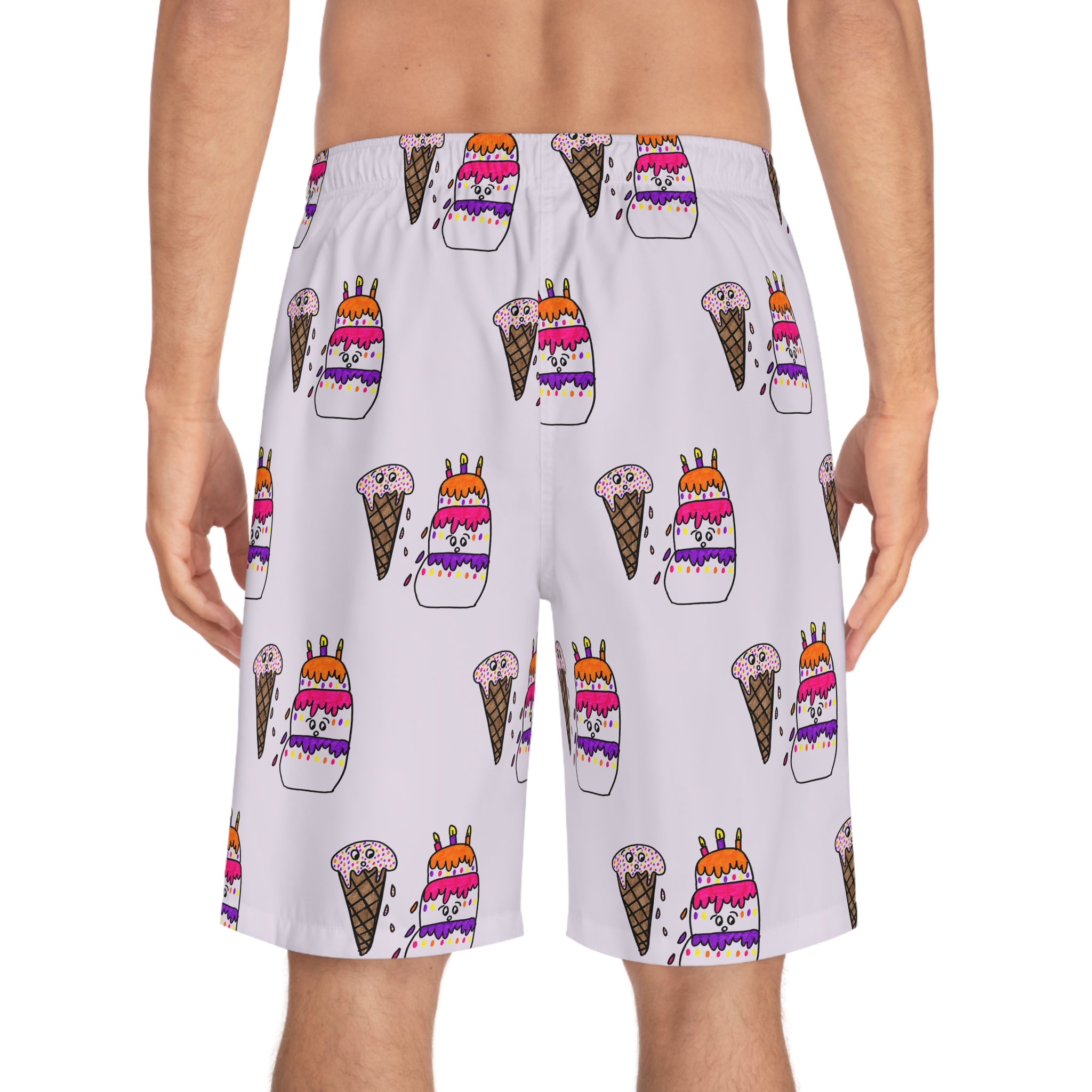 Hand-Drawn Cake and Ice Cream Cone Pattern Birthday Board Shorts | Pink All-Over Print