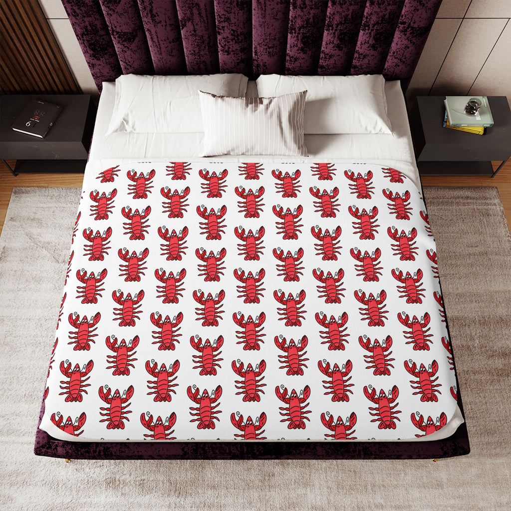 Hand-Drawn Red Lobster Pattern Sherpa Blanket | Coastal Nautical Seafood Throw