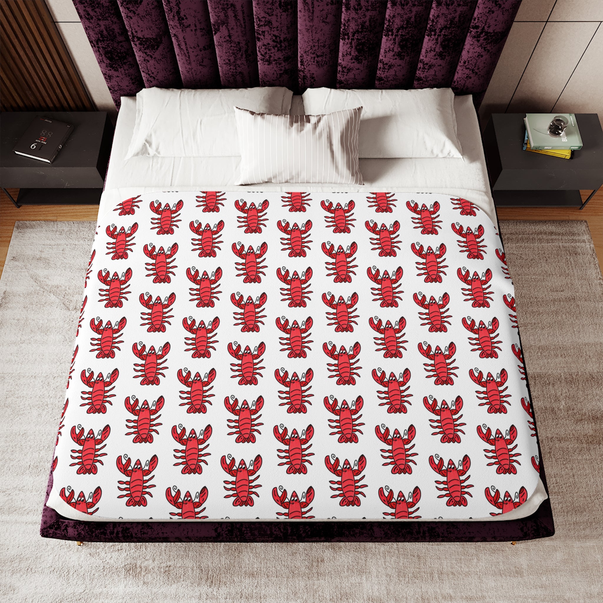 Hand-Drawn Red Lobster Pattern Sherpa Blanket | Coastal Nautical Seafood Throw