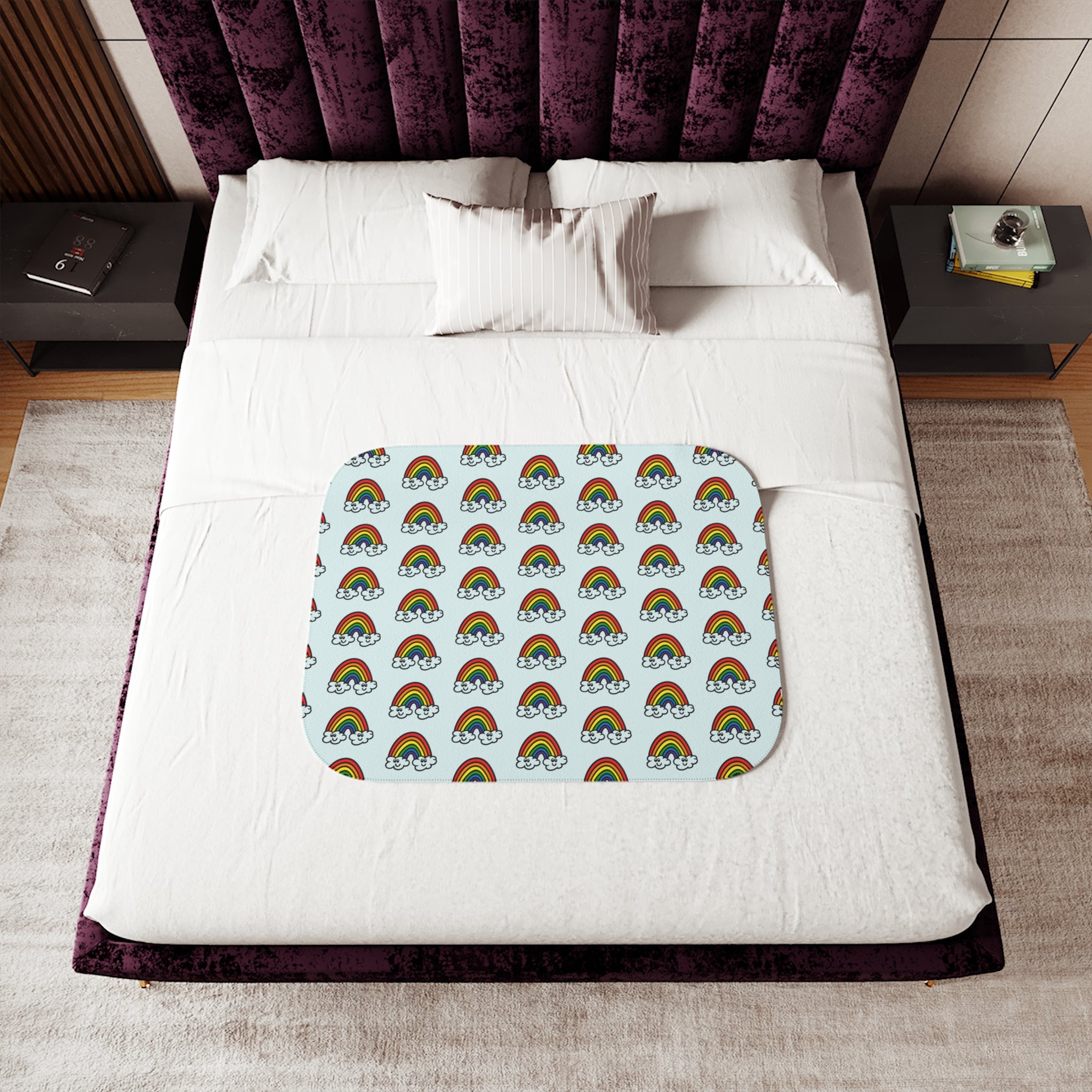Hand-Drawn Retro Rainbow and Clouds Smiling Pattern Sherpa Blanket | Cute Rainbow Repeat Throw