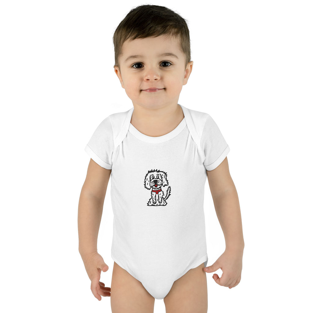 Hand-Drawn Fluffy White Dog with Red Collar Infant Bodysuit