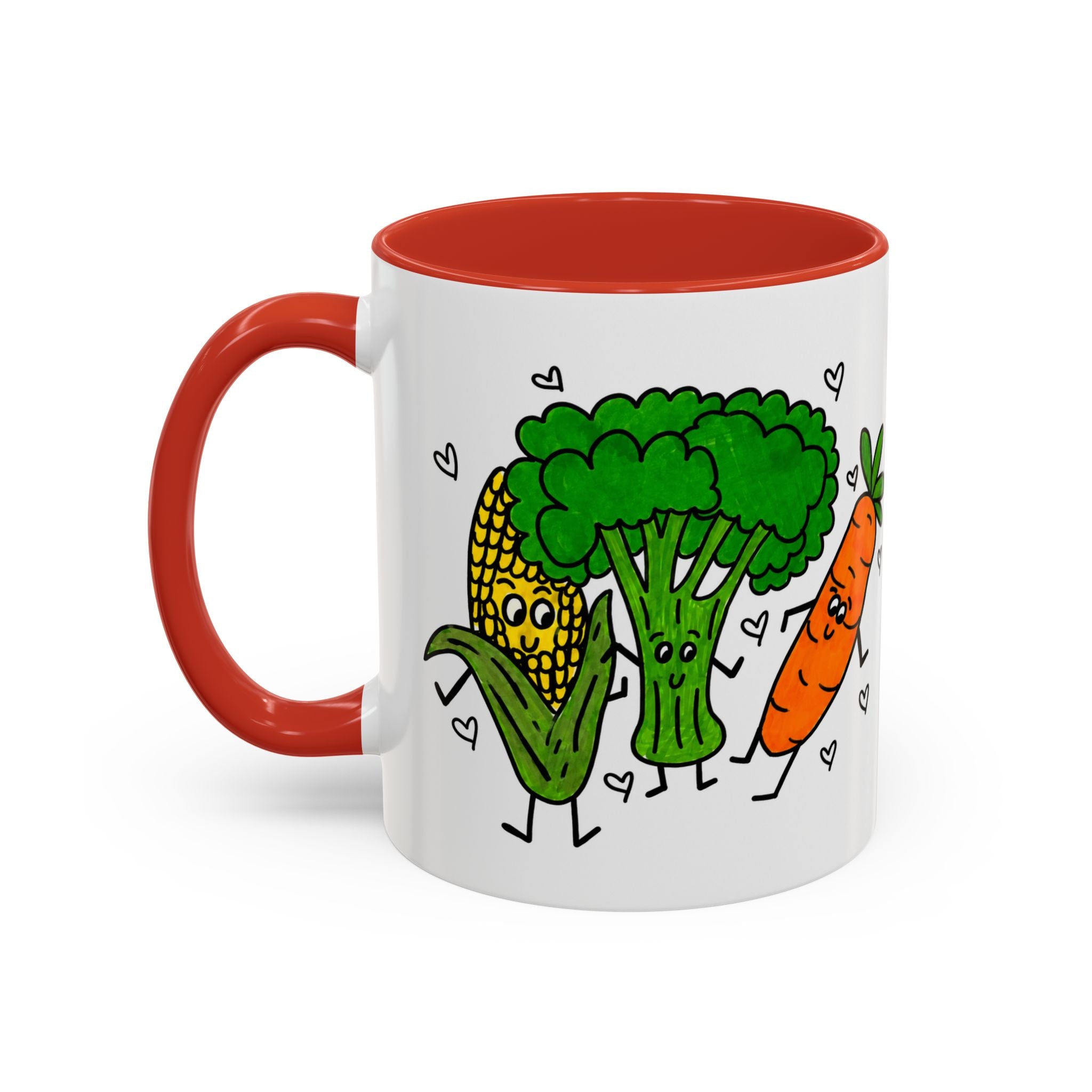 Hand-Drawn Dancing Veggies Carrot Broccoli Corn Mug | Accent Coffee Mug