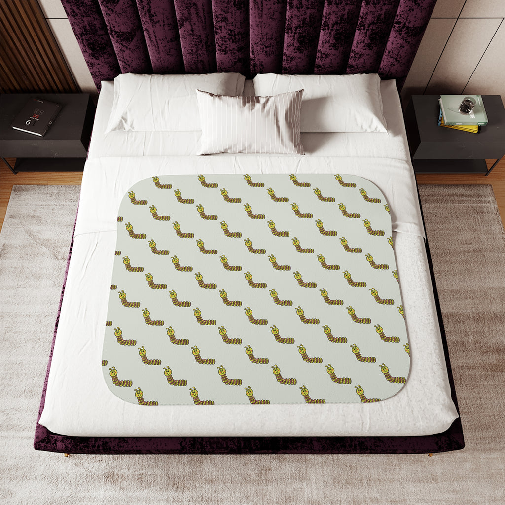 Hand-Drawn Green Pink Yellow Caterpillar Pattern Sherpa Blanket | Cozy Throw