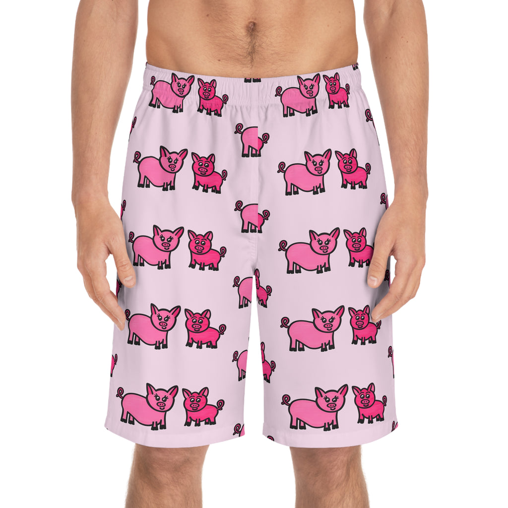 Hand-Drawn Pink Cartoon Pig Pattern Board Shorts | All-Over Print Swim Trunks