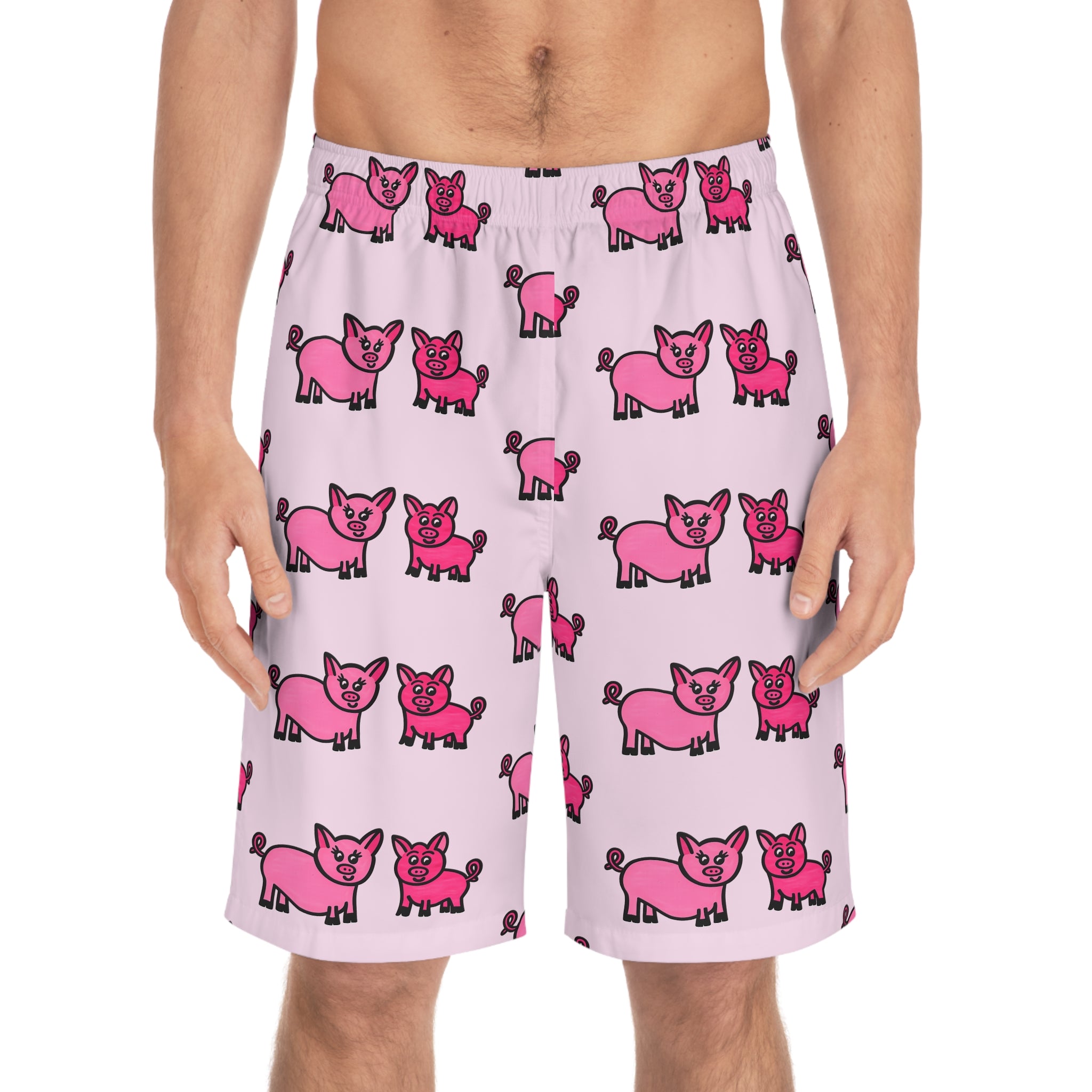 Hand-Drawn Pink Cartoon Pig Pattern Board Shorts | All-Over Print Swim Trunks