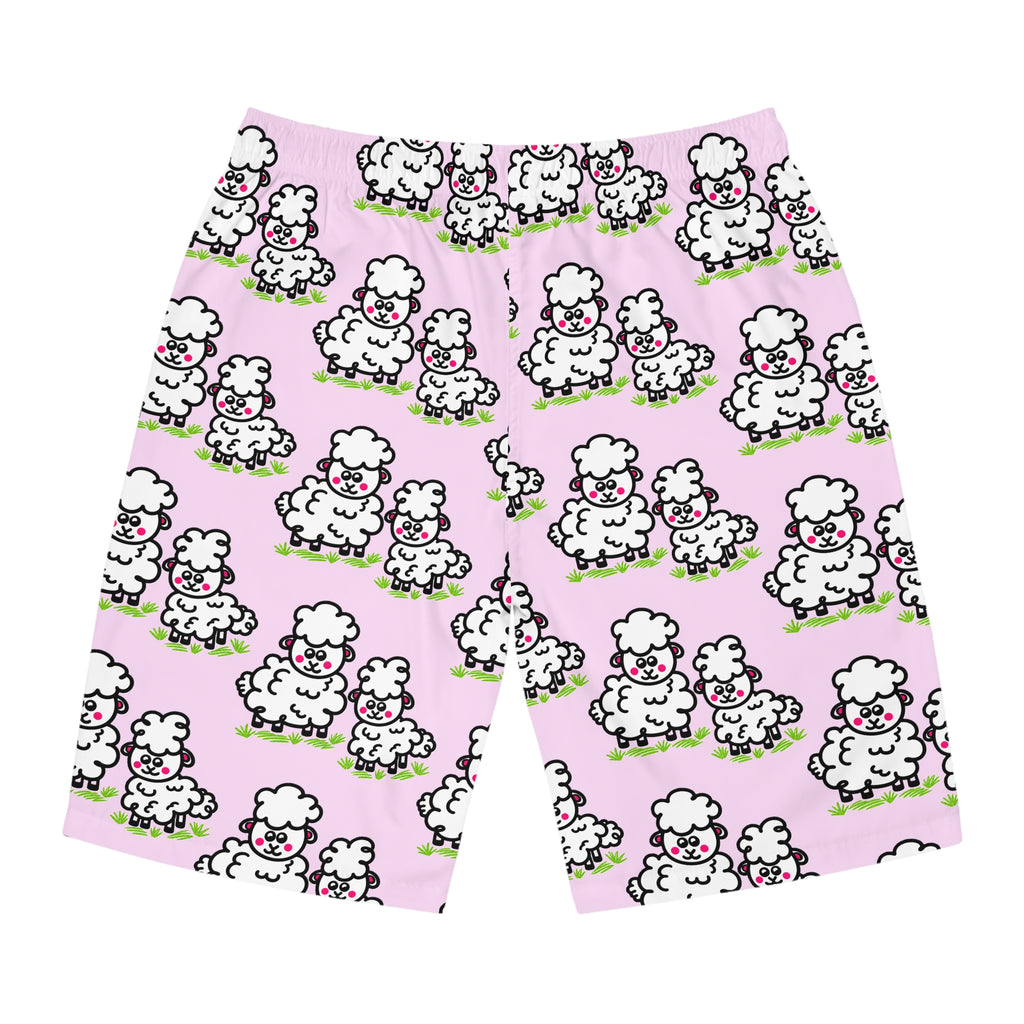 Hand-Drawn Cute Cartoon Sheep Pattern Men's Board Shorts | Pink All-Over Print