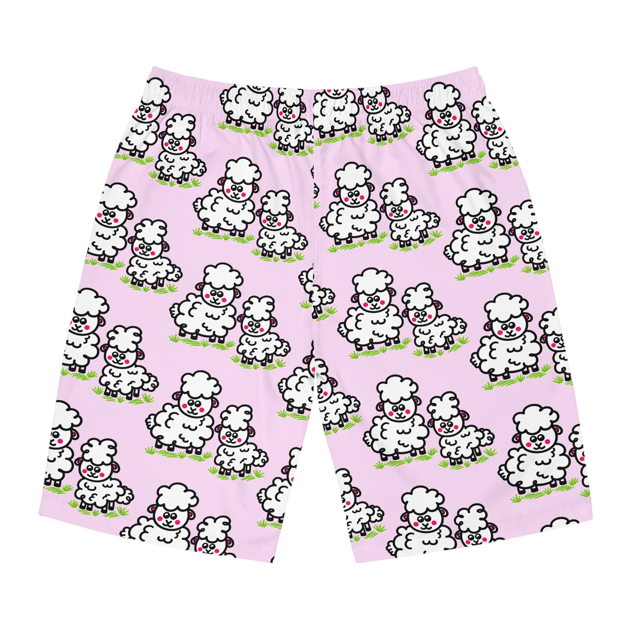 Hand-Drawn Cute Cartoon Sheep Pattern Men's Board Shorts | Pink All-Over Print