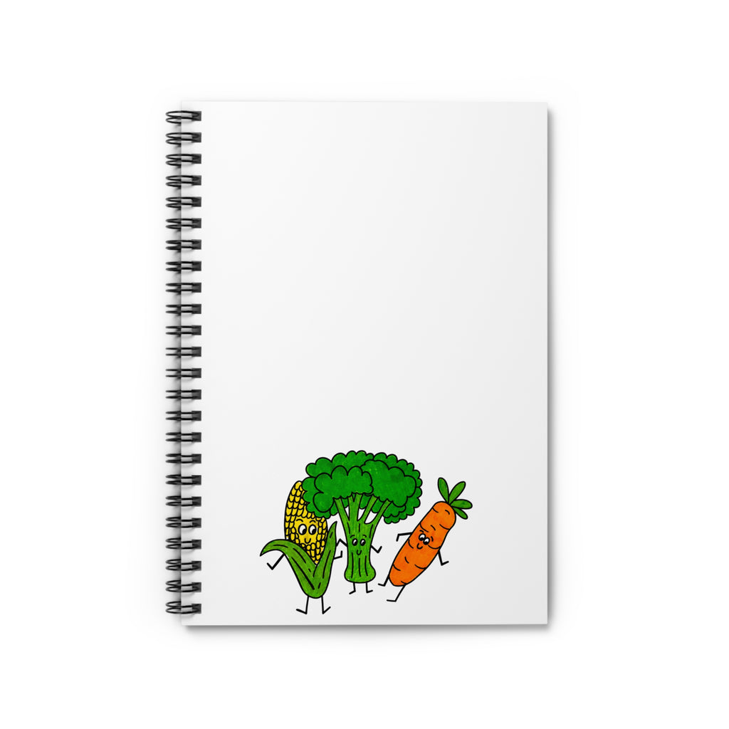 Hand-Drawn Dancing Veggies Spiral Notebook | Corn Broccoli Carrot Ruled Journal