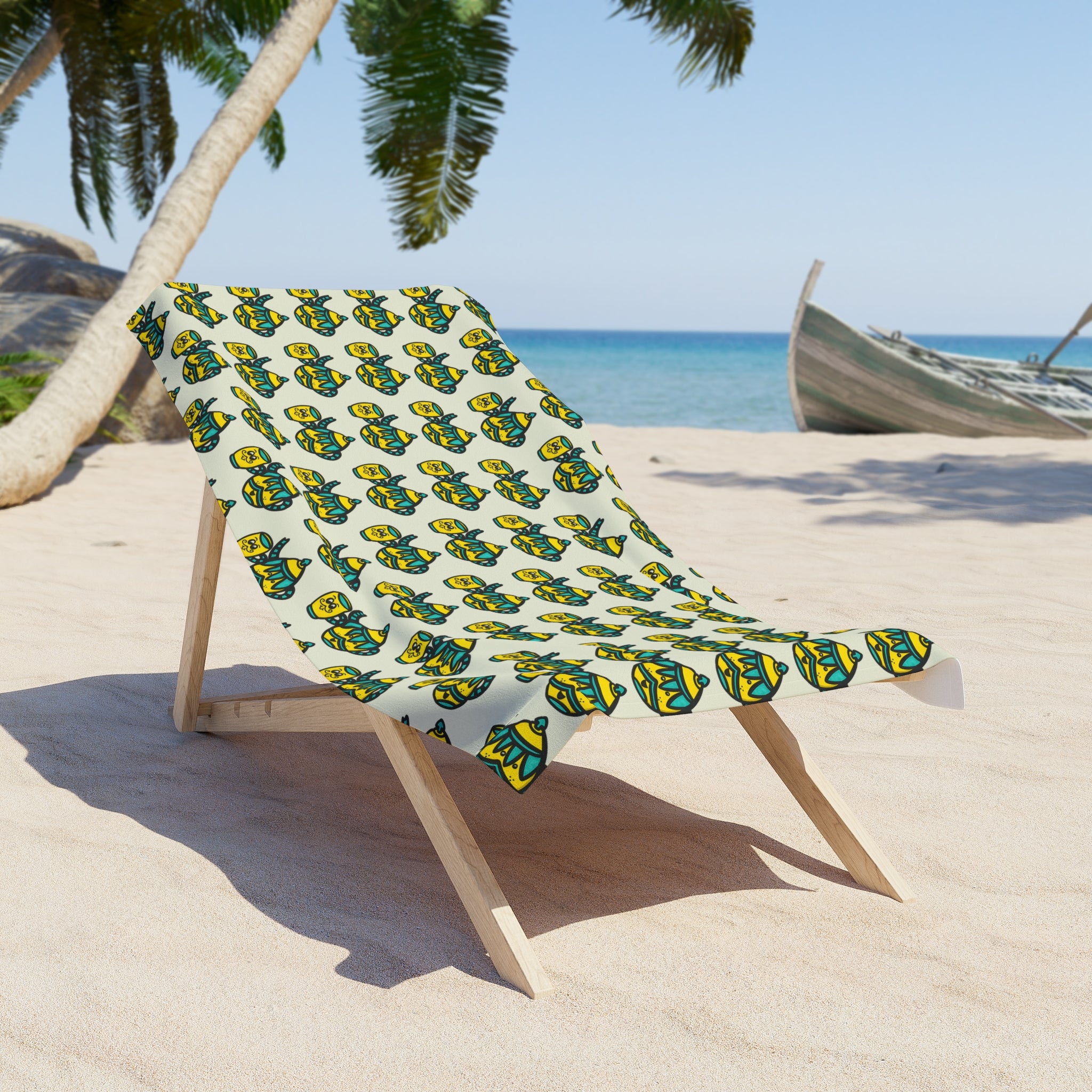 Hand-Drawn Tea Pot & Teacup Beach Towel | Cute Yellow and Teal Mustache Kitchen Pattern Towel | Whimsical Summer Towel | Coastal Pool Gift