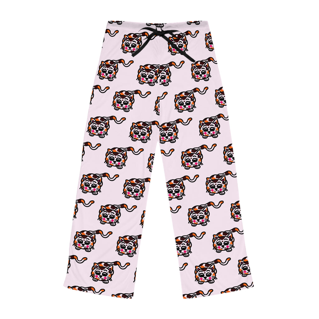 Hand-Drawn Calico Cat Pattern Pajama Pants | Pink Allover Print