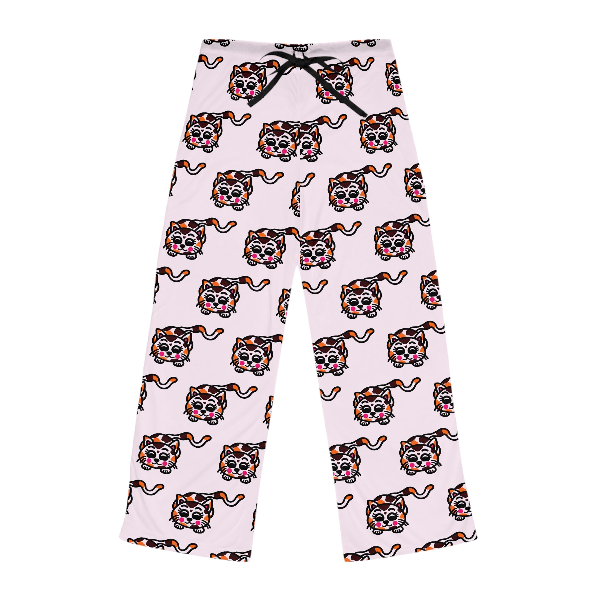 Hand-Drawn Calico Cat Pattern Pajama Pants | Pink Allover Print