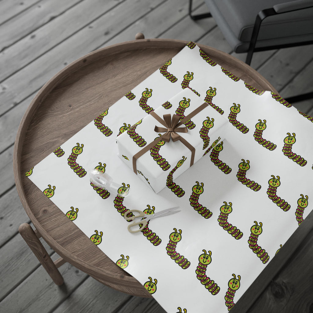 Hand-Drawn Green Cartoon Caterpillar Wrapping Paper | Repeating Bug Pattern