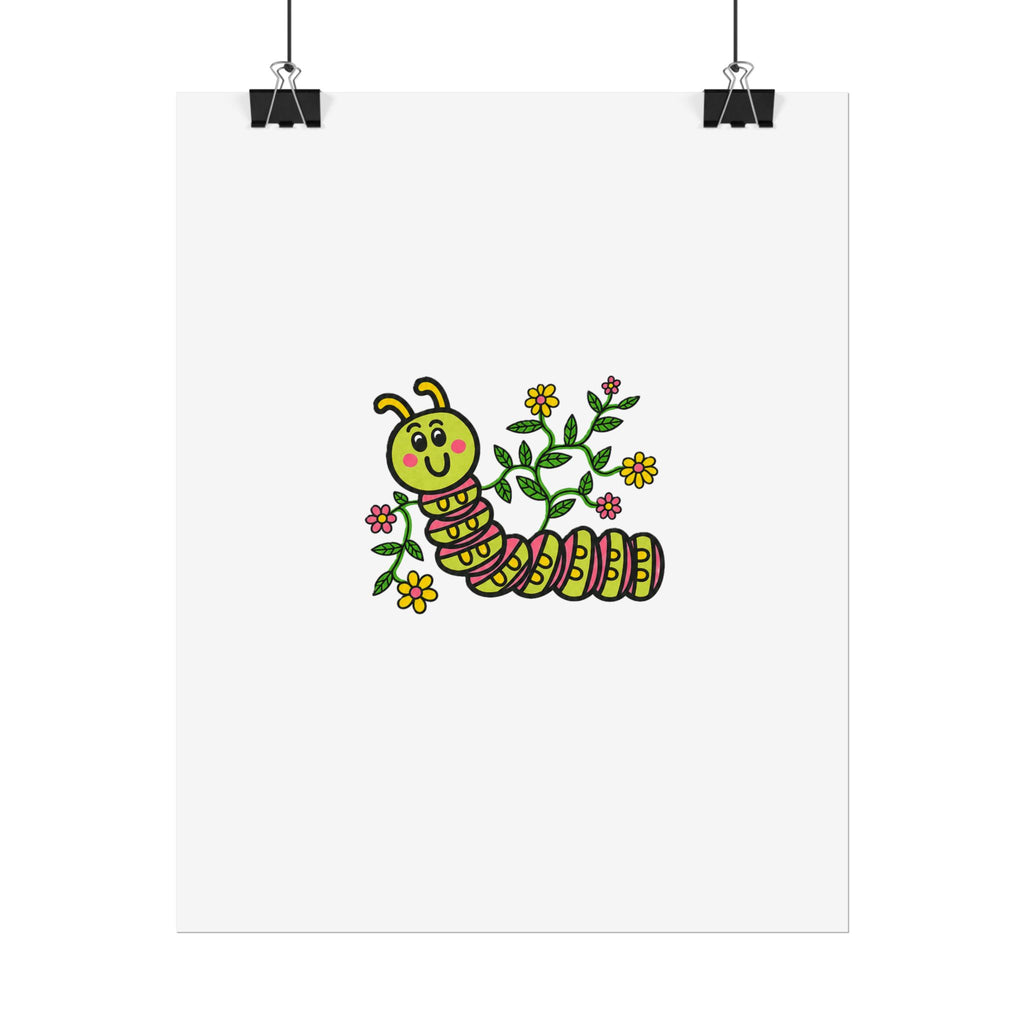 Hand-Drawn Cute Caterpillar Illustration Rolled Poster | Floral Kids Nursery Art