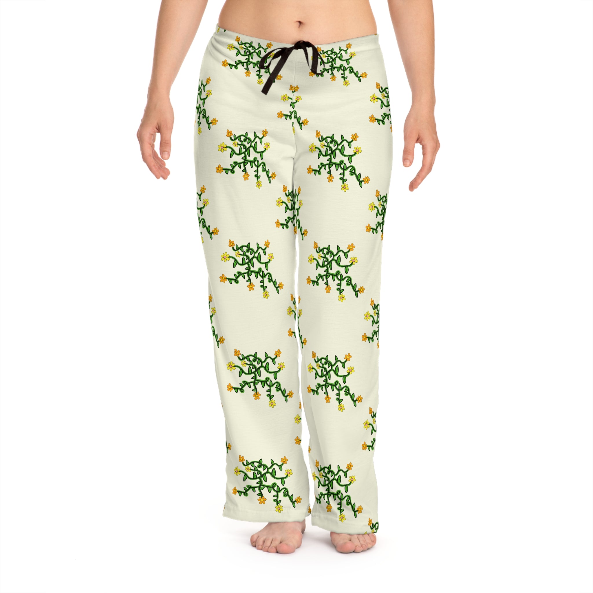Hand-Drawn Yellow Orange and Pink Floral Vine Pajama Pants | Women's Lounge Trousers