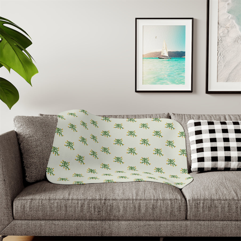 Hand-Drawn Green Vine with Flowers Sherpa Blanket | Tropical Botanical Throw