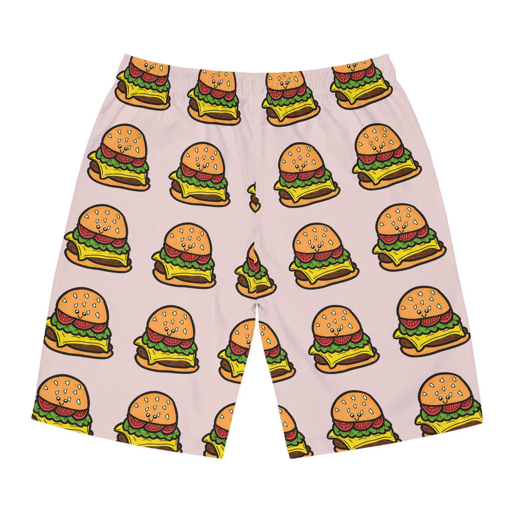 Hand-Drawn Cartoon Cheeseburger Pattern Board Shorts | All-Over Print