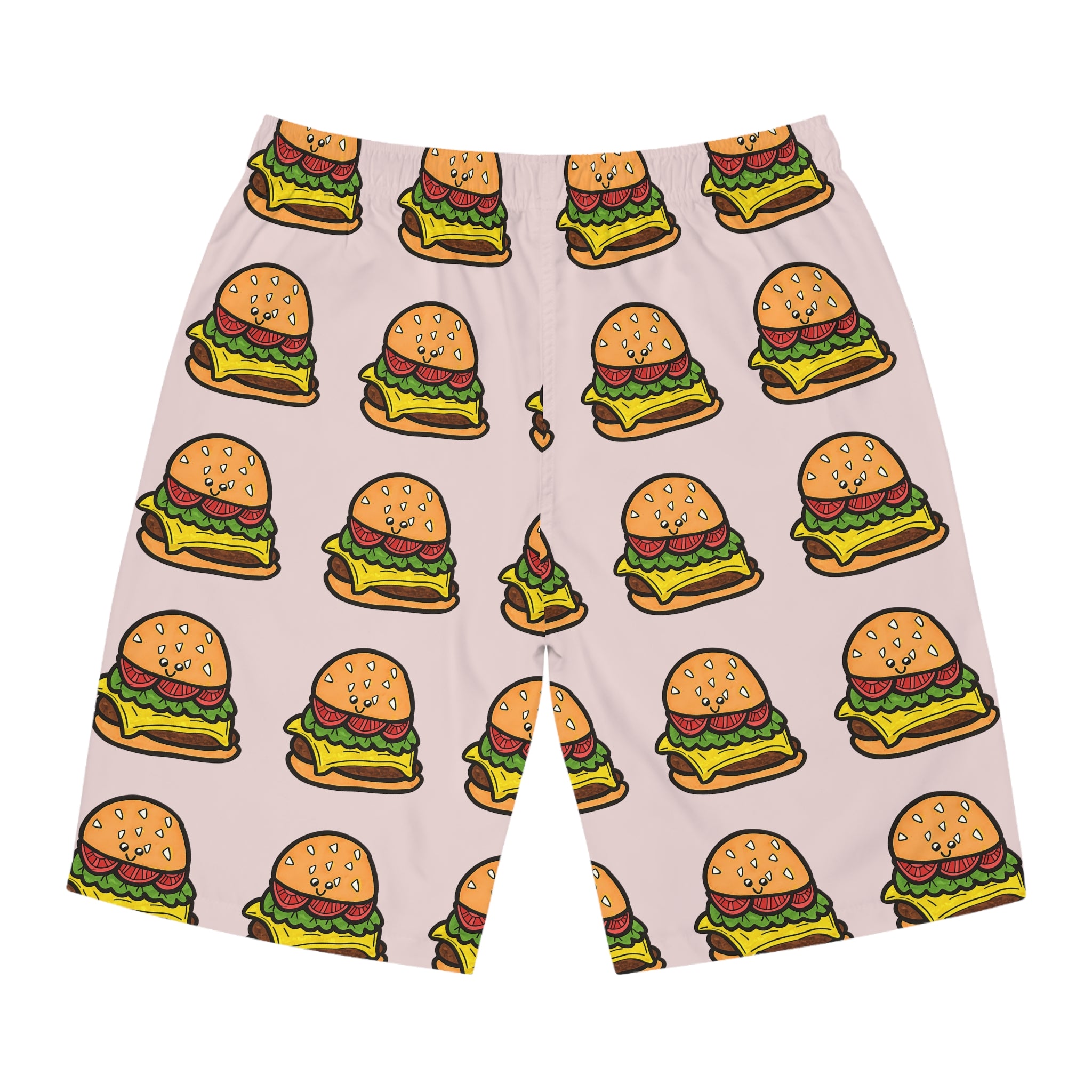 Hand-Drawn Cartoon Cheeseburger Pattern Board Shorts | All-Over Print