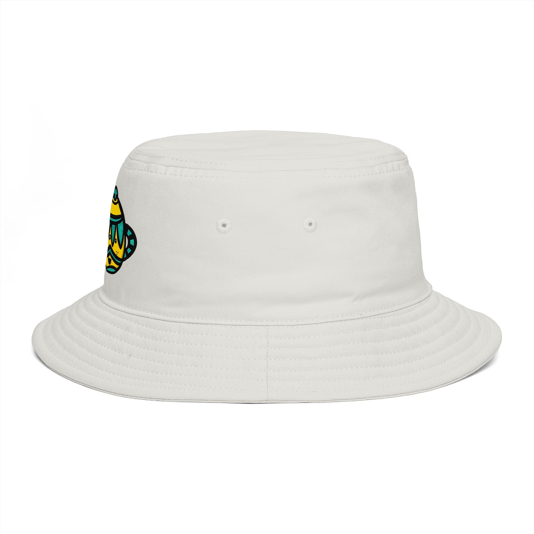 Hand-Drawn Yellow and Teal Mustache Teapot and Cup Illustration Bucket Hat | Yellow Teapot Whimsical Hat