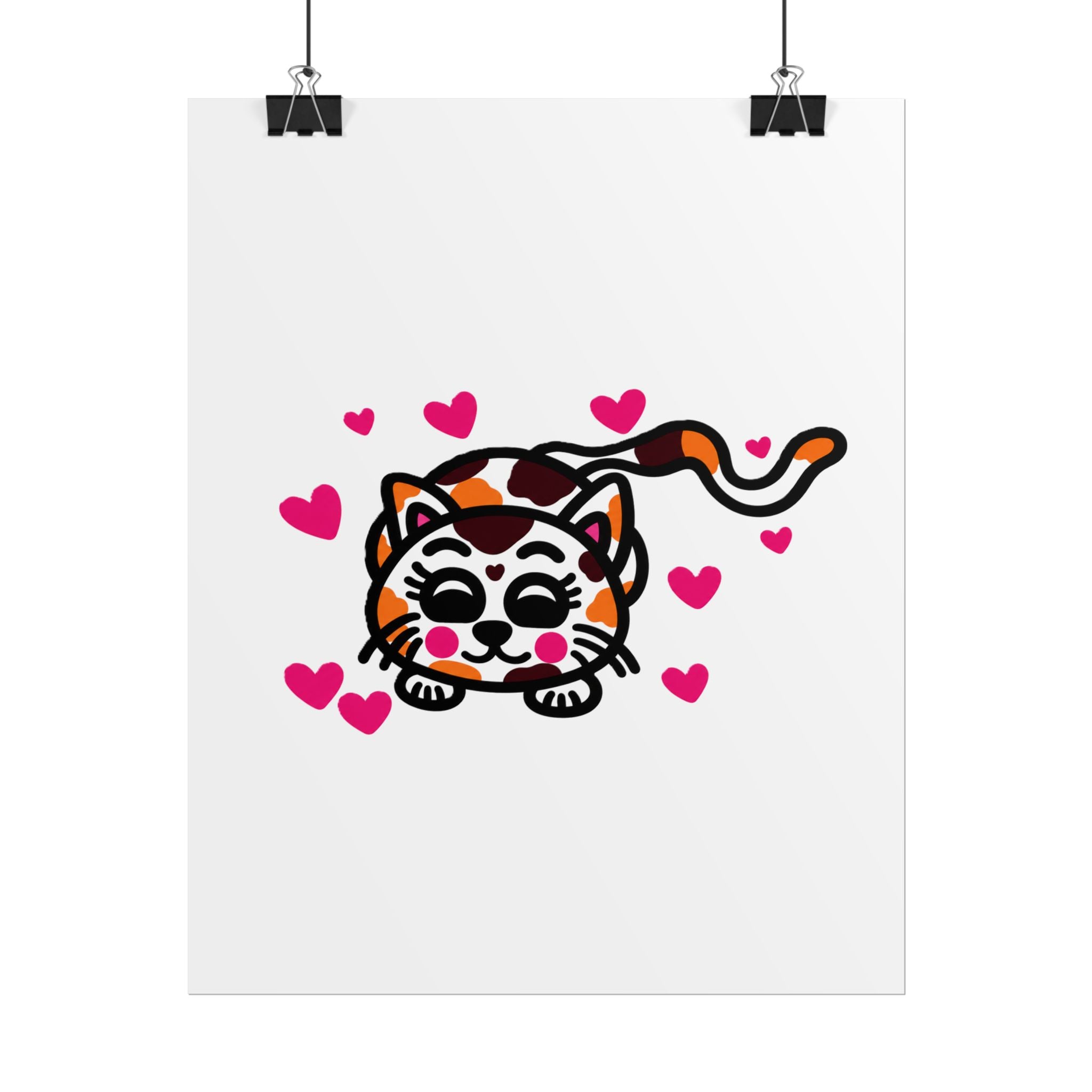 Hand-Drawn Cute Calico Cat with Pink Hearts Poster | Rolled Poster