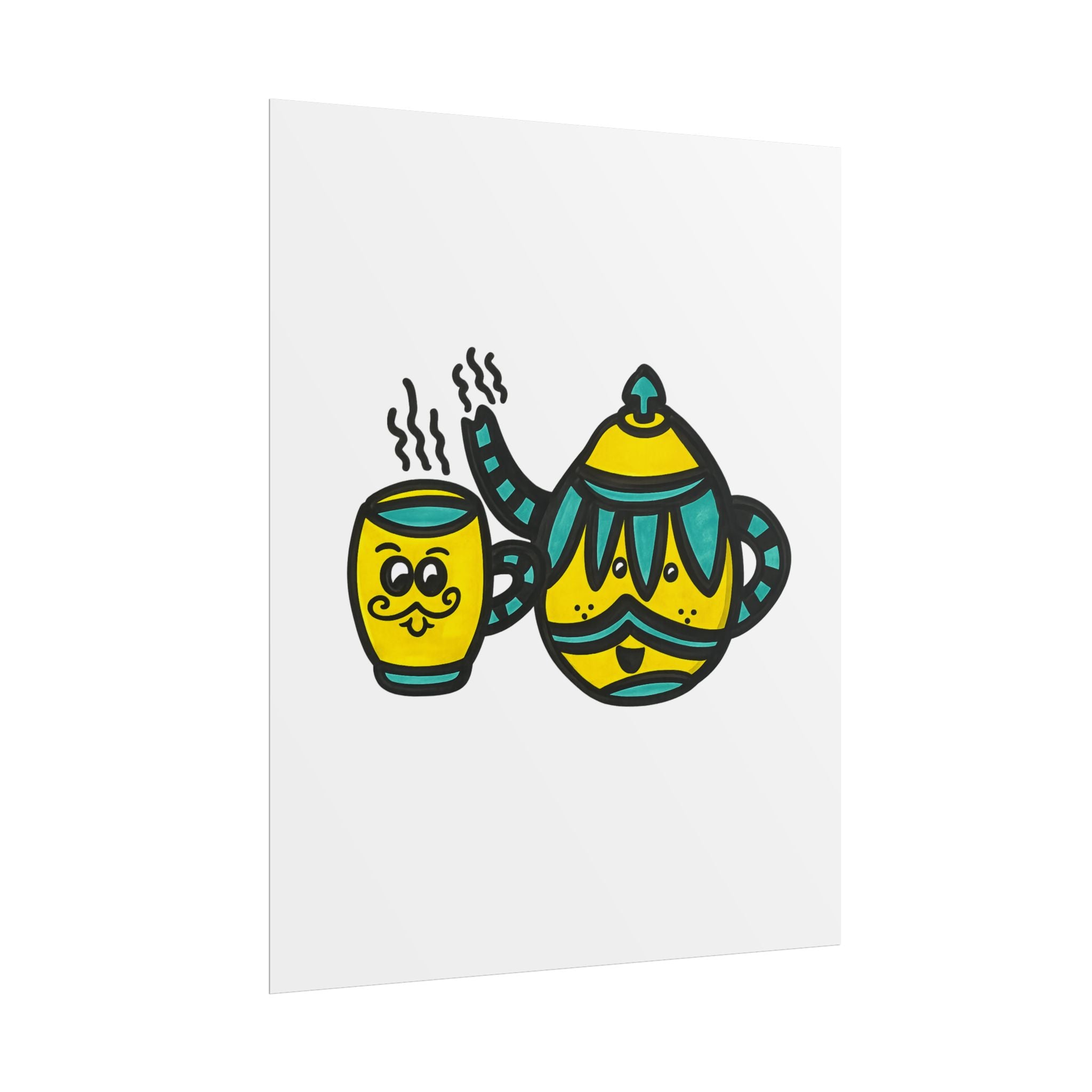 Hand-Drawn Cute Teal and Yellow Mustache Teapot and Cup Illustration Rolled Poster | Tea Art, Kitchen Print