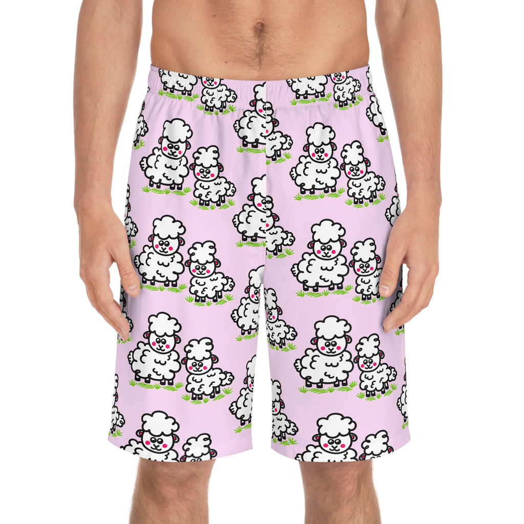 Hand-Drawn Cute Cartoon Sheep Pattern Men's Board Shorts | Pink All-Over Print