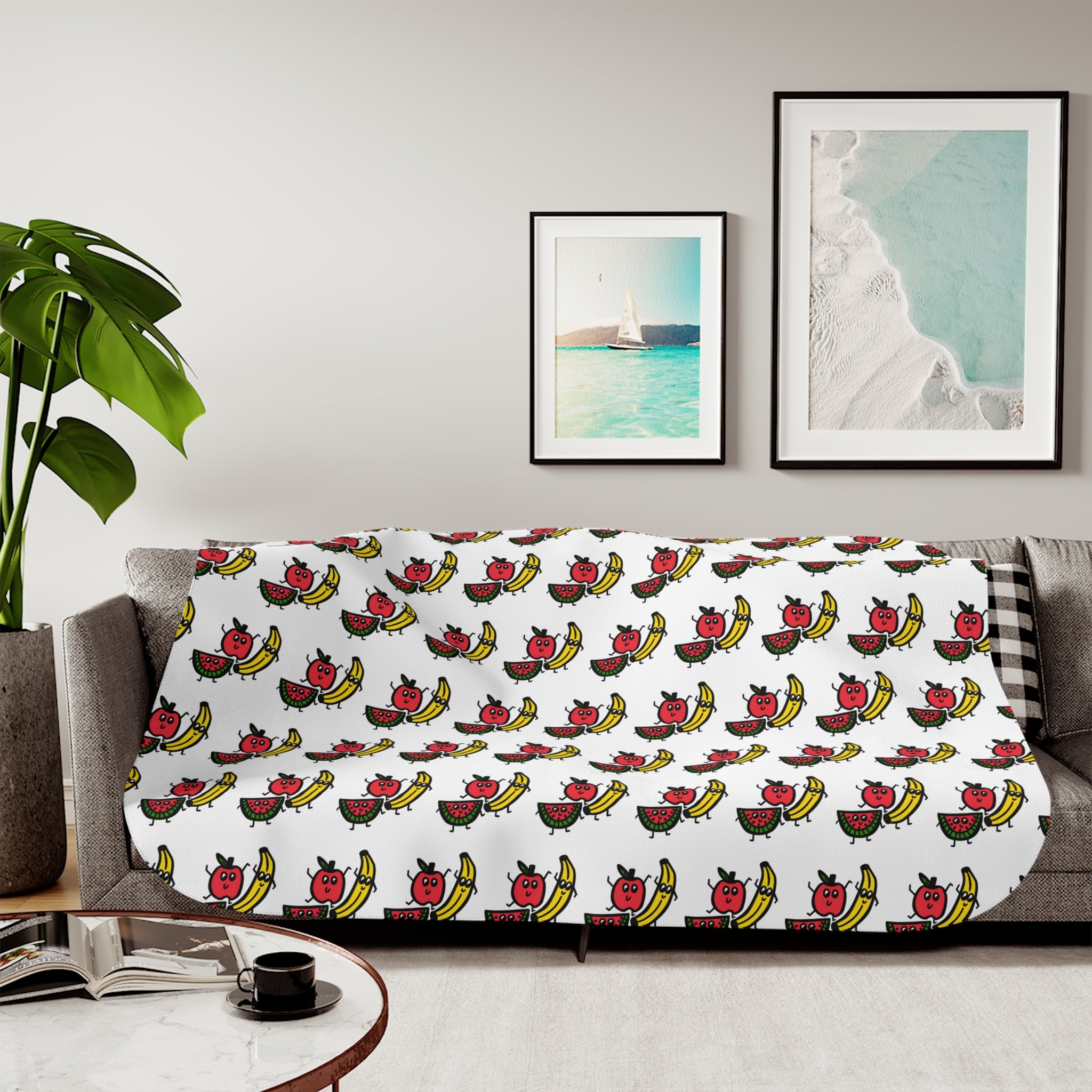 Hand-Drawn Apple Banana Watermelon Sherpa Blanket | Fruit Pattern Throw