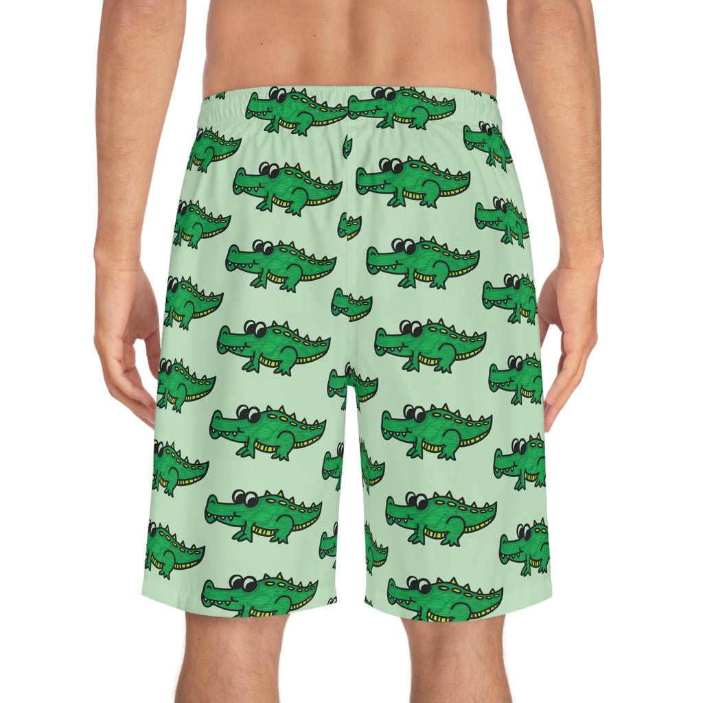 Hand-Drawn Cartoon Alligator Pattern Board Shorts | Green Crocodile Swim Trunks
