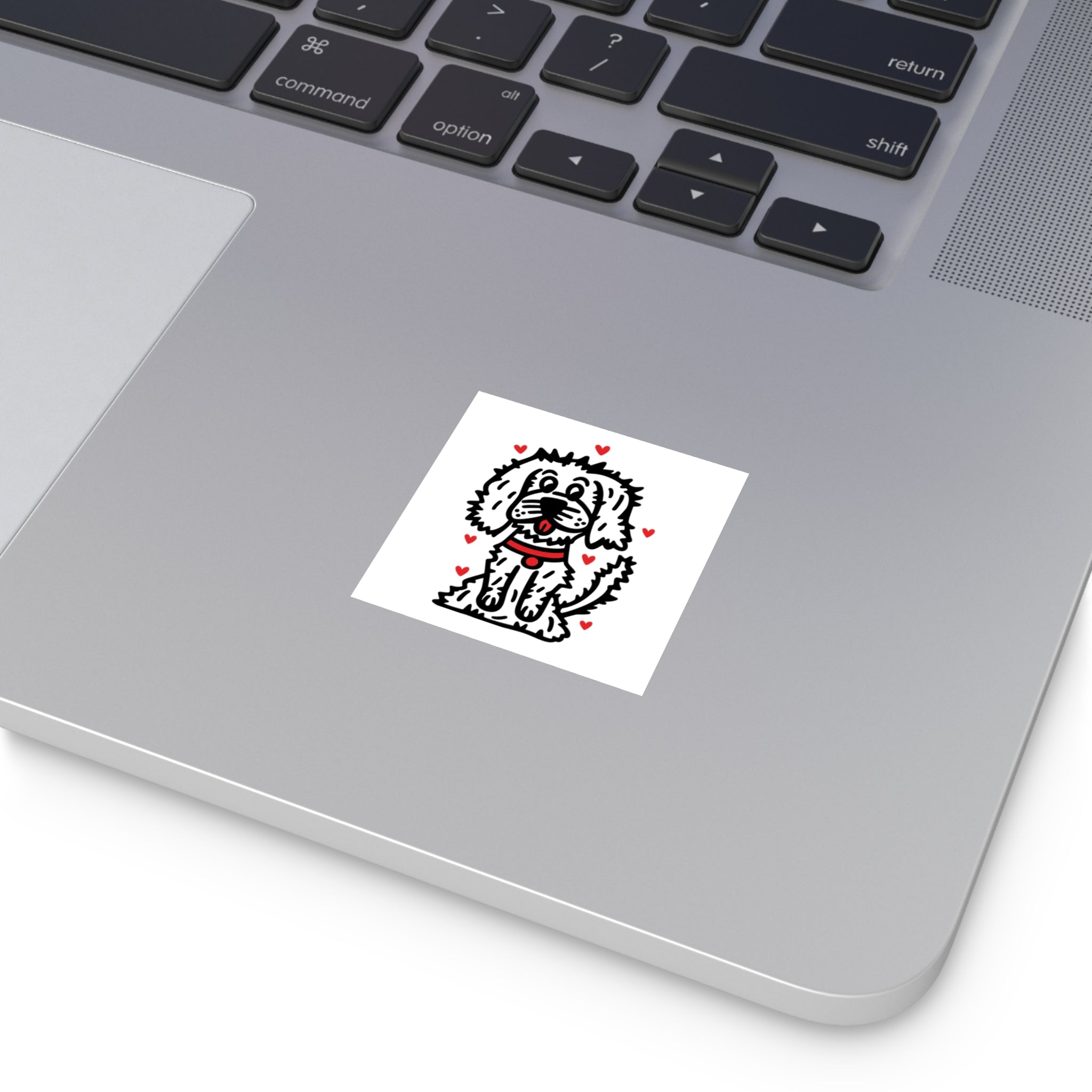 Hand-Drawn Cute Puppy with Red Collar and Red Hearts Square Sticker | Indoor Outdoor