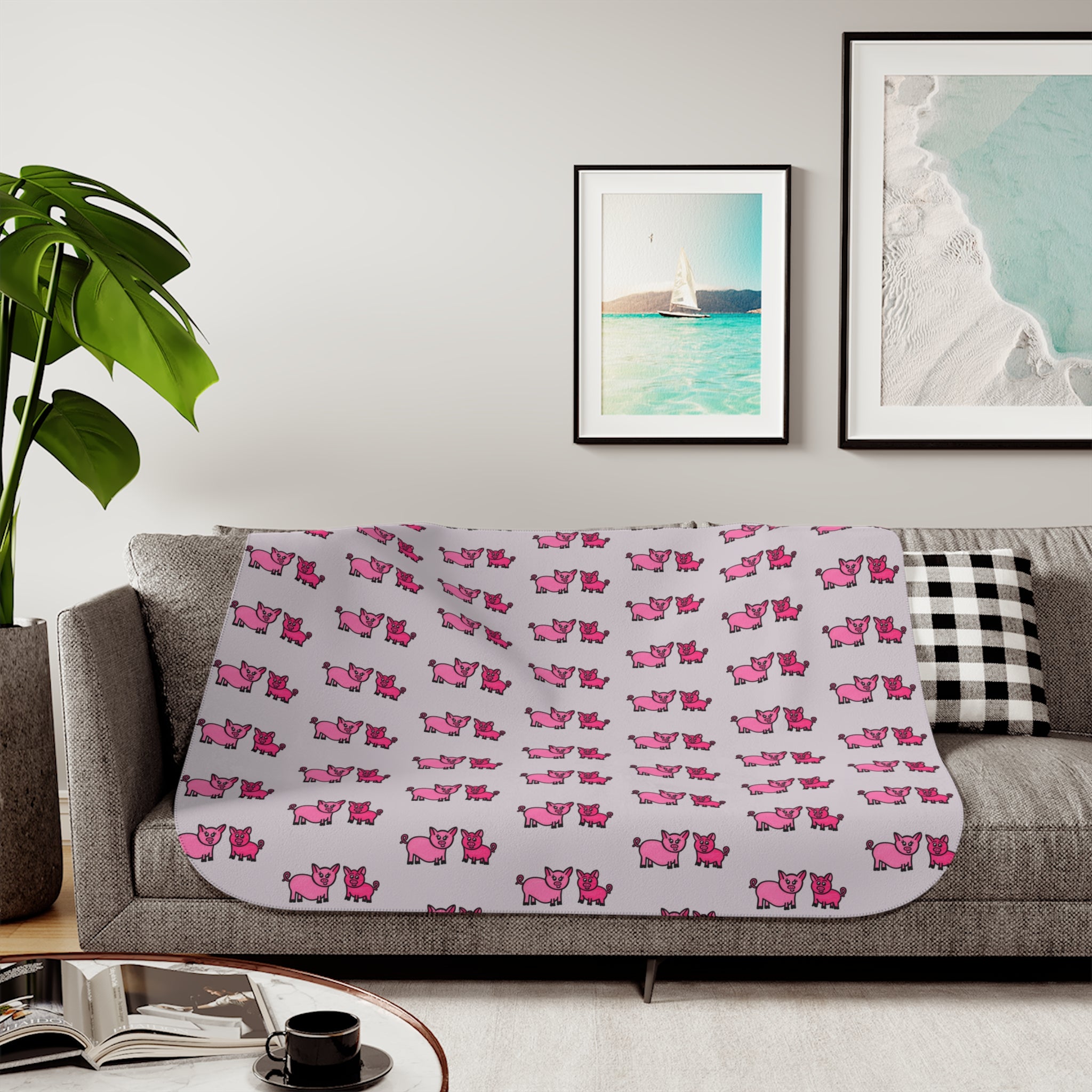 Hand-Drawn Pink Pig Duo Pattern Sherpa Blanket | Cute Repeating Farm Animal Design