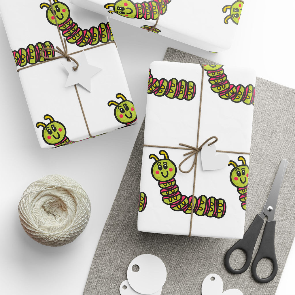 Hand-Drawn Green Cartoon Caterpillar Wrapping Paper | Repeating Bug Pattern