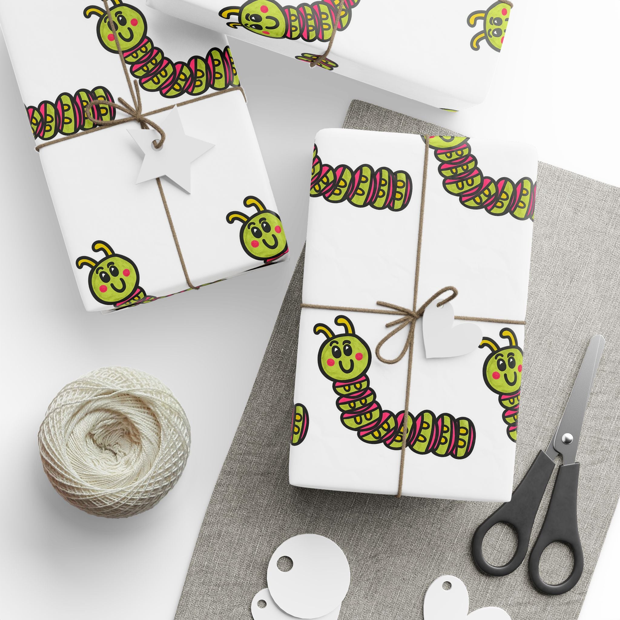 Hand-Drawn Green Cartoon Caterpillar Wrapping Paper | Repeating Bug Pattern