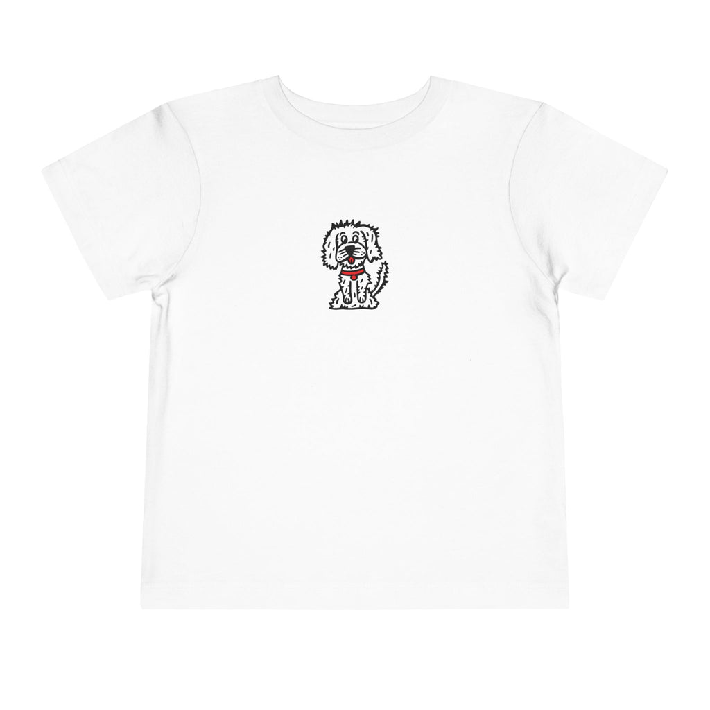 Hand-Drawn Fluffy Dog Red Collar Toddler Tee | White Dog Illustration