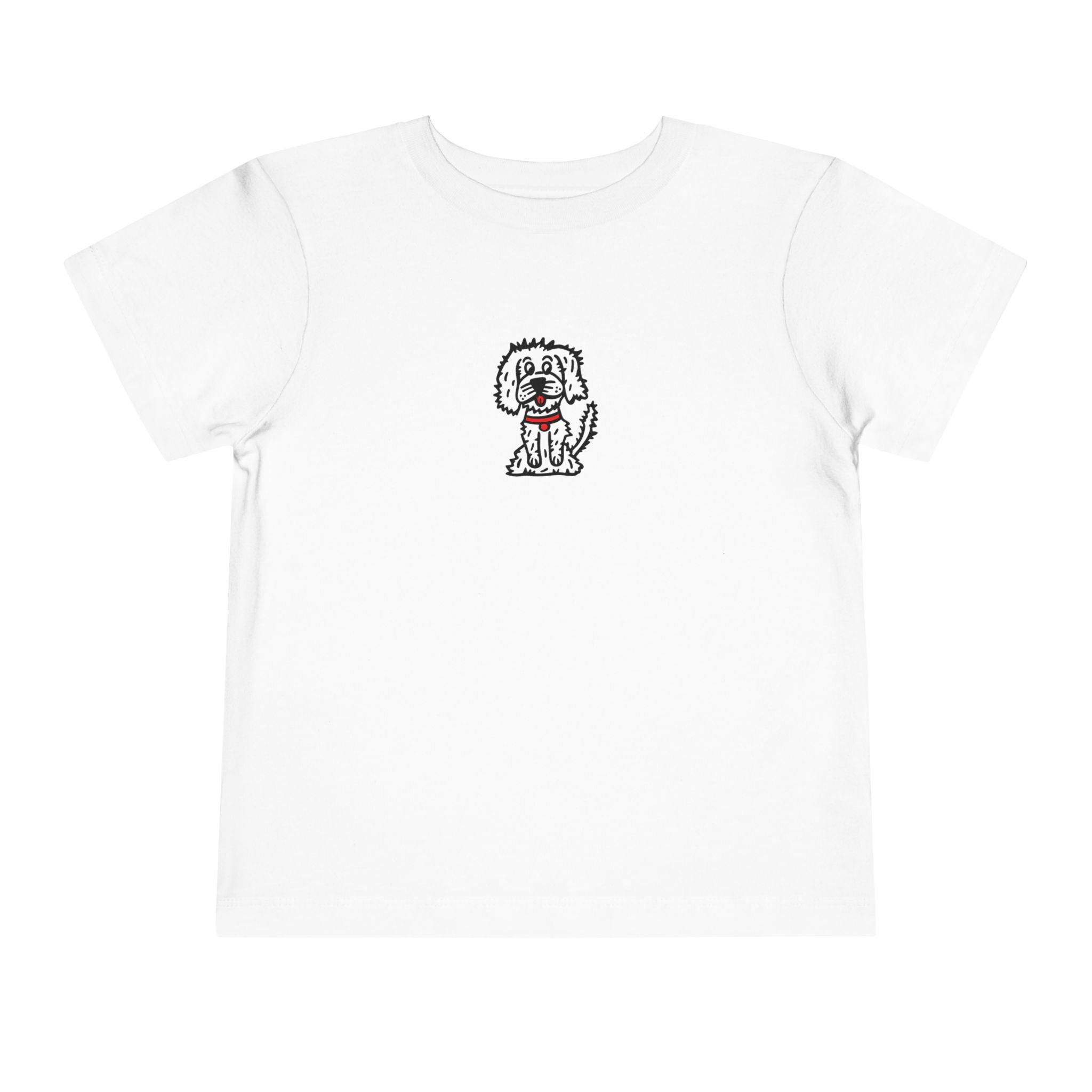 Hand-Drawn Fluffy Dog Red Collar Toddler Tee | White Dog Illustration