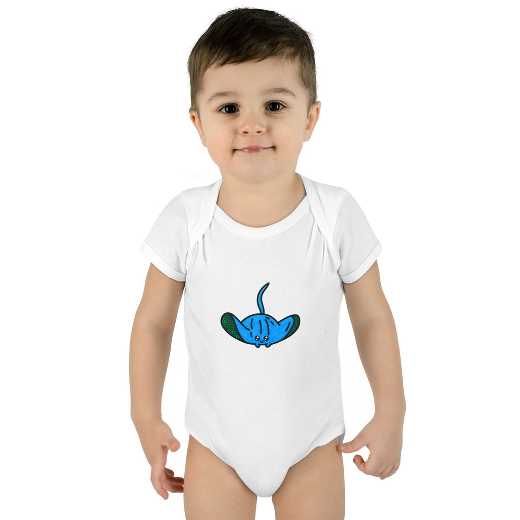 Hand-Drawn Blue Cartoon Stingray Infant Bodysuit | Cute Sea Animal Baby Onesie