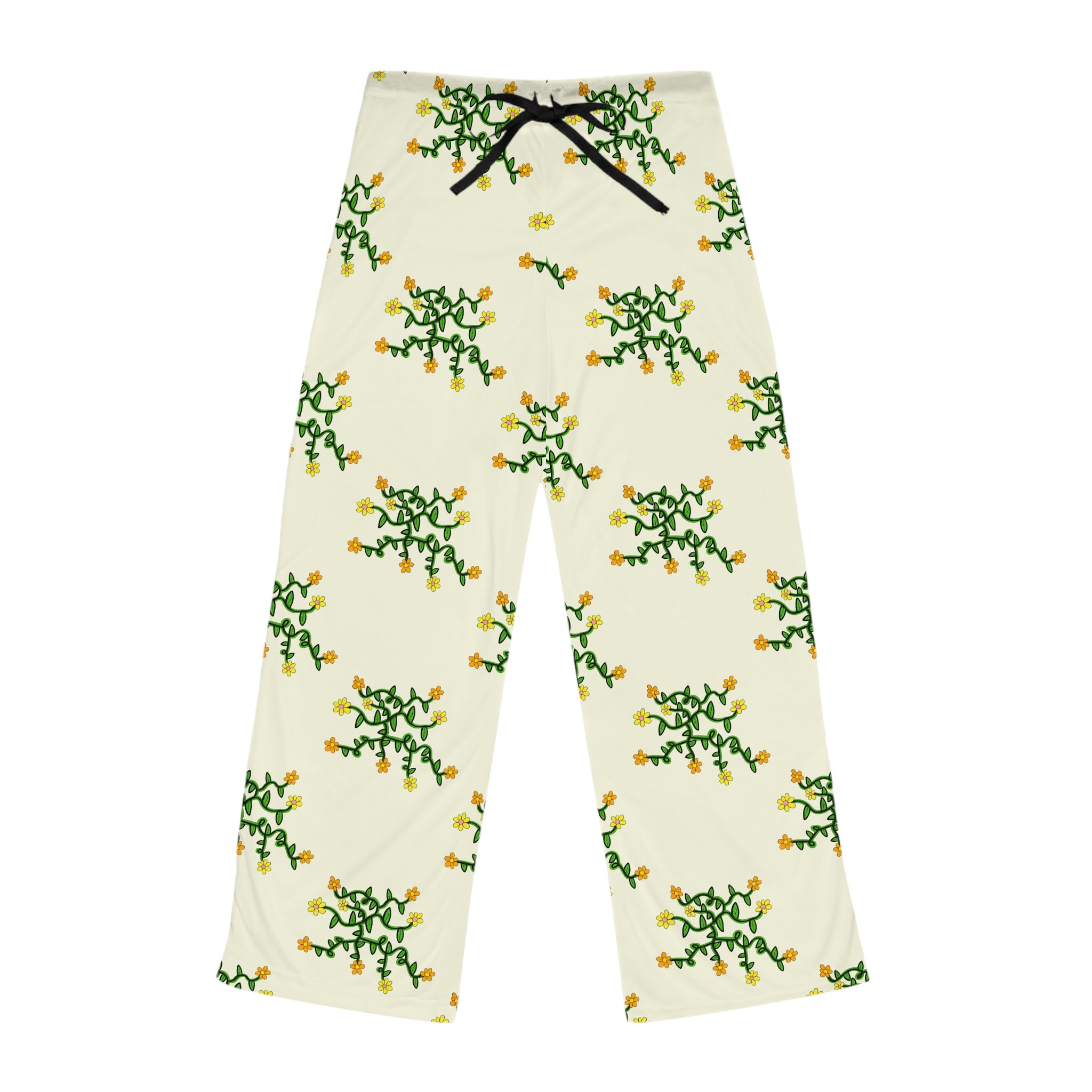Hand-Drawn Yellow Orange and Pink Floral Vine Pajama Pants | Women's Lounge Trousers